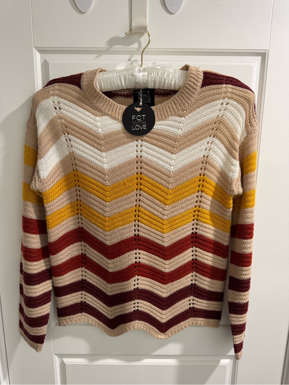 FCT with Love Chevron Stripe Crewneck Sweater — Cream, Mustard & Burgundy